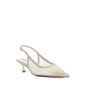 Champagne mesh pointed-toe slingback kitten heel with allover crystal embellishment and gold-tone buckle strap