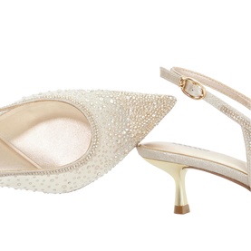 Champagne crystal-embellished pointed-toe kitten heel slingback shoes with gold-tone buckle and slender heel