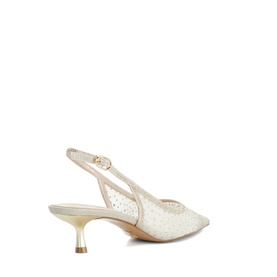 Ivory mesh slingback heels with crystal embellishments, gold buckle strap, and flared kitten heel