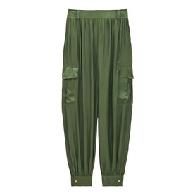 Bash green cargo trousers with satin-finish patch pockets, elasticated waist and tapered cuffed hems