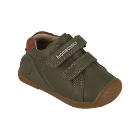Biomechanics kids shoe in Militare olive green leather with brown heel tab, double velcro straps, and tan rubber sole