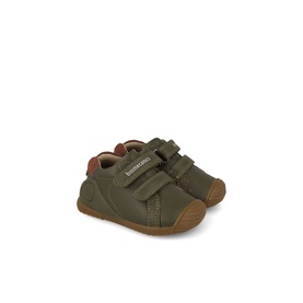 Biomechanics kids shoes in Militare olive green leather with double velcro straps and tan rubber sole