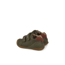 Biomechanics kids shoes in militare olive green leather with rust heel detail, double velcro straps and tan rubber sole, rear view