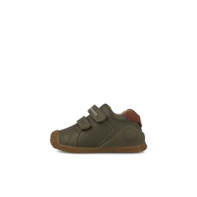 Biomechanics 3509 kids shoe in militare olive leather with double velcro straps, rust heel detail, and tan rubber sole.