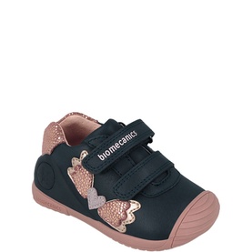 Biomecanics kids shoe in Ocean, navy leather with rose gold butterfly detail, double velcro straps and blush pink sole