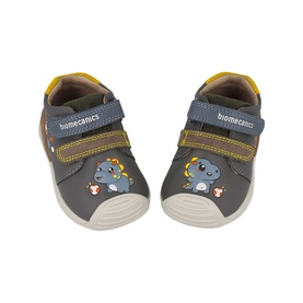 Biomechanics kids shoes in Underground grey with double velcro straps and dinosaur motif, cream sole, top-down view