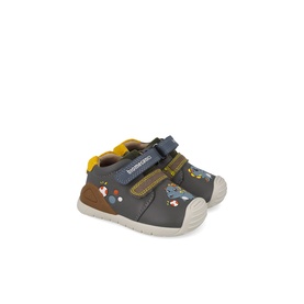 Biomechanics kids shoe in Underground Sauvage, grey leather with double velcro straps, brown toe patch, adventure print, and cream sole