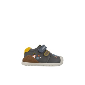 Biomechanics kids shoe in Underground grey with brown toe cap, yellow mustard accent, velcro strap, and character print detail