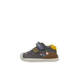 Biomechanics kids shoe in Underground grey, double velcro strap, animal print detail, yellow and brown accents, cream rubber sole