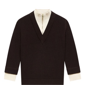 Dark brown chunky knit V-neck jumper with cream contrast zip-up underlayer insert and ribbed cuffs
