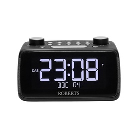 Roberts Ortus 4 FM Dual Alarm Clock Radio in black, with large white LED display showing time and DAB radio station