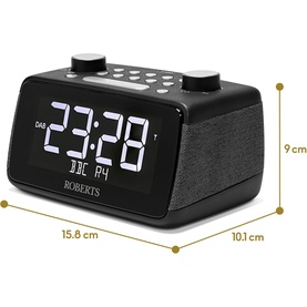 Roberts Ortus 4 FM Dual Alarm Clock Radio in black, with white LED display showing 23:28, dimensions 15.8x10.1x9cm
