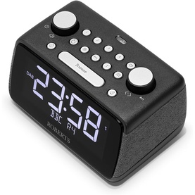 Roberts Ortus 4 FM Dual Alarm Clock Radio in black, showing illuminated blue LED display with DAB controls and top-mounted buttons