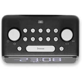 Roberts Ortus 4 FM Dual Alarm Clock Radio in black, top-down view showing snooze bar, LED display reading 23:08, and control buttons