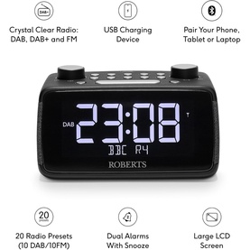 Roberts Ortus 4 FM Dual Alarm Clock Radio in black, showing large LCD display, USB charging port, DAB/FM, and dual alarm features.