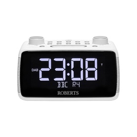 Roberts Ortus 4 FM Dual Alarm Clock Radio in white, displaying digital time and BBC R4 DAB station on large LED screen