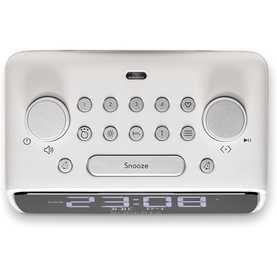 Roberts Ortus 4 FM Dual Alarm Clock Radio in white, with LED display showing 23:08, snooze bar, and dual speakers