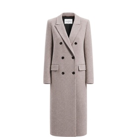 The Landskein almond beige double-breasted wool coat with notch lapels, flap pockets, and dark button fastening