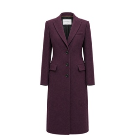 The Landskein burgundy wool-blend midi coat with notch lapels, three-button front fastening and flap pockets