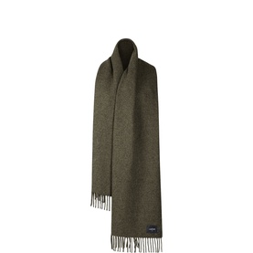 The Landskein scarf in olive green, fine woven fabric with fringed ends and small branded label tab