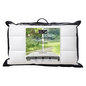 The Soft Bedding Co Air Cooling Pillow in white, packaged in clear zip bag with black trim and product label