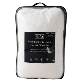 The Soft Bedding Co Duck Feather & Down Single Duvet & Pillow Set, white, packaged in clear zip bag with label