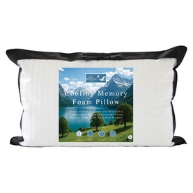The Soft Bedding Co Cooling Memory Foam Pillow in white, shown in black zip-up carry case against mountain backdrop packaging.