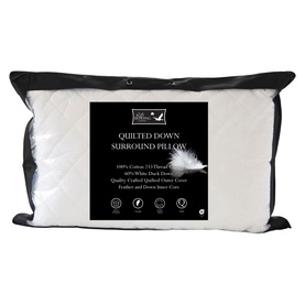 The Soft Bedding Co Quilted Down Surround Pillow in white packaging, displayed in a black zip-up storage bag