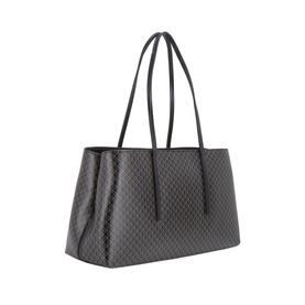 Calvin Klein Emblem Medium Work Tote Bag in black with all-over monogram print, dual shoulder straps, and structured silhouette