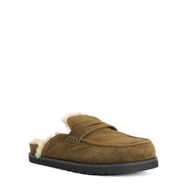 Tan suede mule slipper with shearling lining, penny strap detail, and black rubber sole