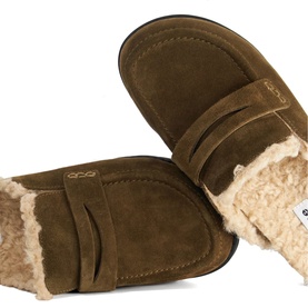 Tan suede mule slippers with fold-over strap detail, cream shearling lining and insole, shown as a pair from above