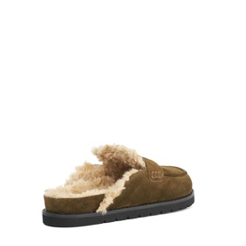 Tan suede mule slipper with plush cream shearling lining and trim, black rubber sole, rear three-quarter view