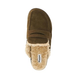 Dune London tan suede penny loafer mule with cream shearling lining, overhead flat lay view