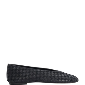 Dune Homely Leather Woven Ballet Flats in black with interlaced woven texture, round toe, and flat resin sole.