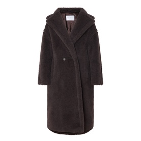 Max Mara dark brown alpaca and wool teddy coat with wide lapels, double-breasted front, and longline silhouette