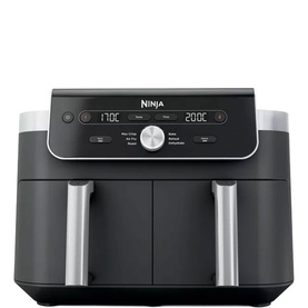 Ninja DualZone XL 9.5L Air Fryer in black with dual drawers, digital display panel, and silver handles