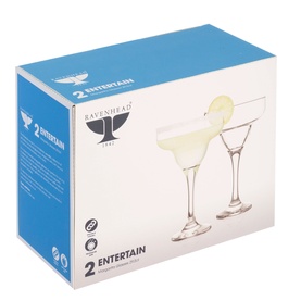Ravenhead Set of Two Entertain Margarita Glasses, clear glass with elegant stems, shown in product packaging box