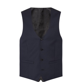 Remus Rocco Tux Waistcoat in navy with four-button fastening, jett pockets, and contrast floral-print lining visible at neckline.