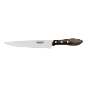 Tramontina stainless steel kitchen knife with long blade and dark wood riveted handle, isolated on white background