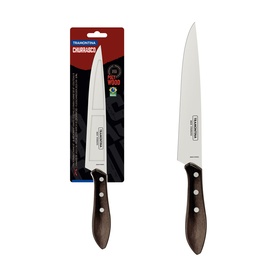 Tramontina Churrasco stainless steel kitchen knife with dark wood-effect handle, shown packaged and unpackaged