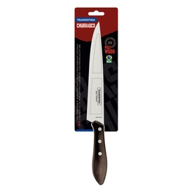 Tramontina Churrasco kitchen knife with stainless steel blade and dark wood handle, shown in packaging