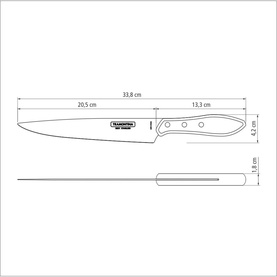Tramontina stainless steel kitchen knife technical diagram showing blade and handle dimensions: 33.8cm total, 20.5cm blade, 13.3cm handle