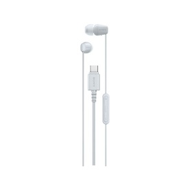 White wired in-ear headphones with USB-C connector, inline remote control, and silicone ear tips, shown on white background