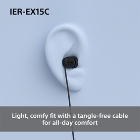 Sony IER-EX15C black in-ear wired earphones shown fitted in model ear, demonstrating lightweight comfortable fit