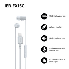 Sony IER-EX15C USB-C wired earphones in white with in-line mic remote, feature icons highlighting comfort and sound quality