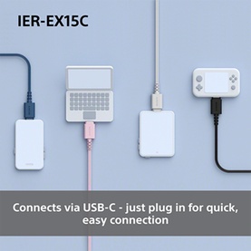 Sony IER-EX15C earphones USB-C cable shown connecting to laptop, gaming device and power bank via pink braided cable.