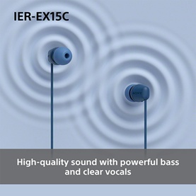 Sony IER-EX15C in-ear wired earphones in blue, shown suspended with ripple graphic highlighting bass sound quality