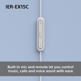 Sony IER-EX15C in-ear headphones white inline remote and microphone detail, with volume and playback controls visible