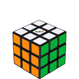Rubik's Cube 3x3 puzzle toy in multi-colour with orange, green and white panels on black frame