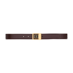 Saint Laurent red tan leather belt with square gold-tone buckle featuring YSL logo detail